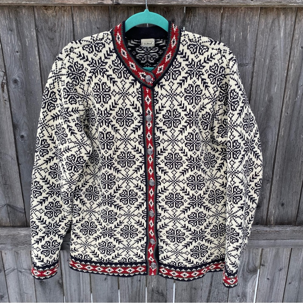 Vintage LL Bean 100% Cotton Fair Isle Nordic Cardigan Sweater Size Large